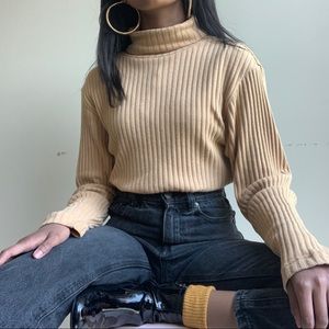 Tan Knit Ribbed Turtleneck Sweater
